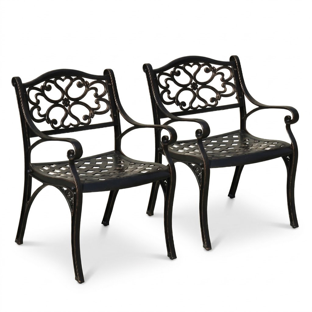 1.Pair of cast aluminum outdoor patio dining chairs in antique bronze finish. Pair-of-cast-aluminum-outdoor-patio-dining-chairs-in-antique-bronze-finish.