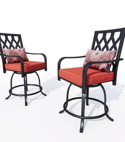 Pair-of-outdoor-swivel-bar-stools-with-red-cushions-on-poolside-patio.