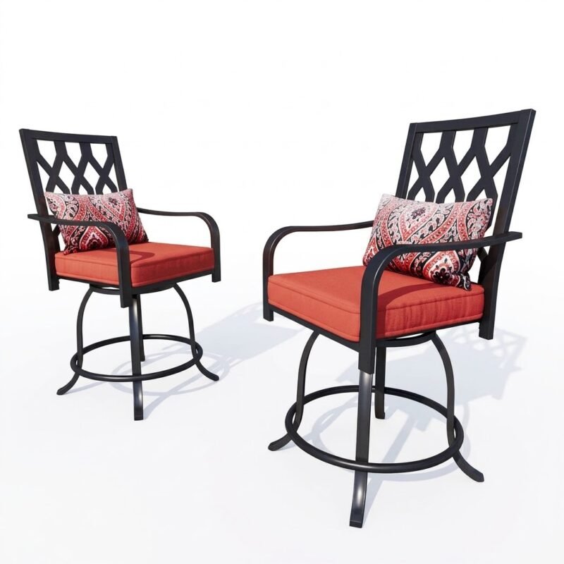 Pair-of-outdoor-swivel-bar-stools-with-red-cushions-on-poolside-patio.