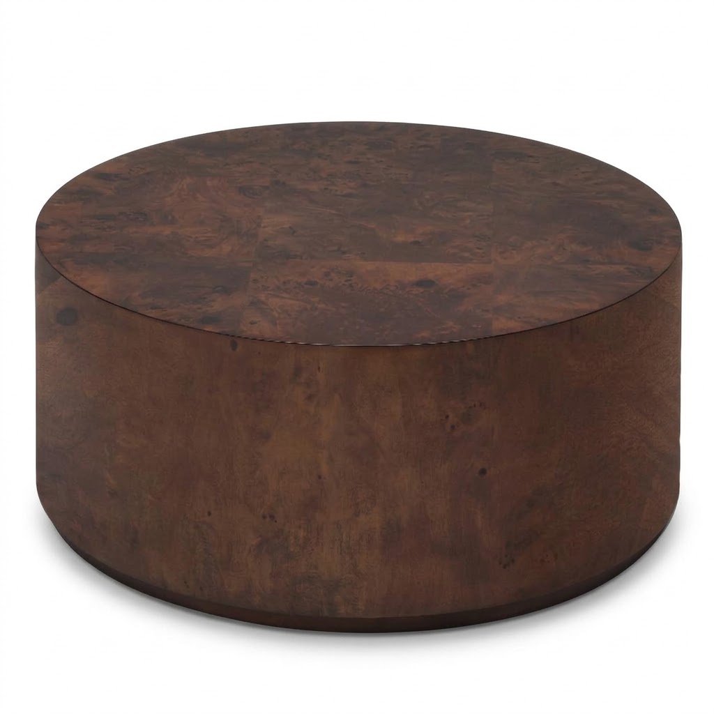 1.Poplar burl wood drum coffee table in dark brown finish by MMK Furniture Makers. .Poplar-burl-wood-drum-coffee-table-in-dark-brown-finish-by-MMK-Furniture-Makers.
