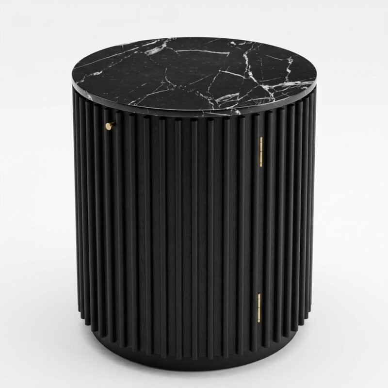 Round-fluted-black-wood-side-table-with-marble-top-by-MMK-Furniture-Makers.