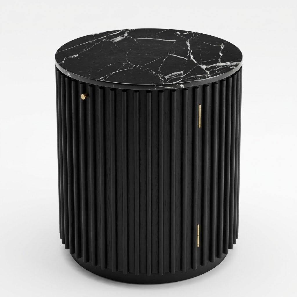 1.Round fluted black wood side table with marble top by MMK Furniture Makers. Round-fluted-black-wood-side-table-with-marble-top-by-MMK-Furniture-Makers.