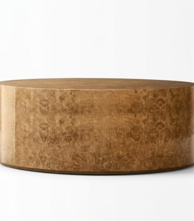 Side-view-of-a-round-burl-wood-drum-coffee-table-with-a-hSide-view-of-a-round-burl-wood-drum-coffee-table-with-a-high-gloss-finish.igh-gloss-finish.