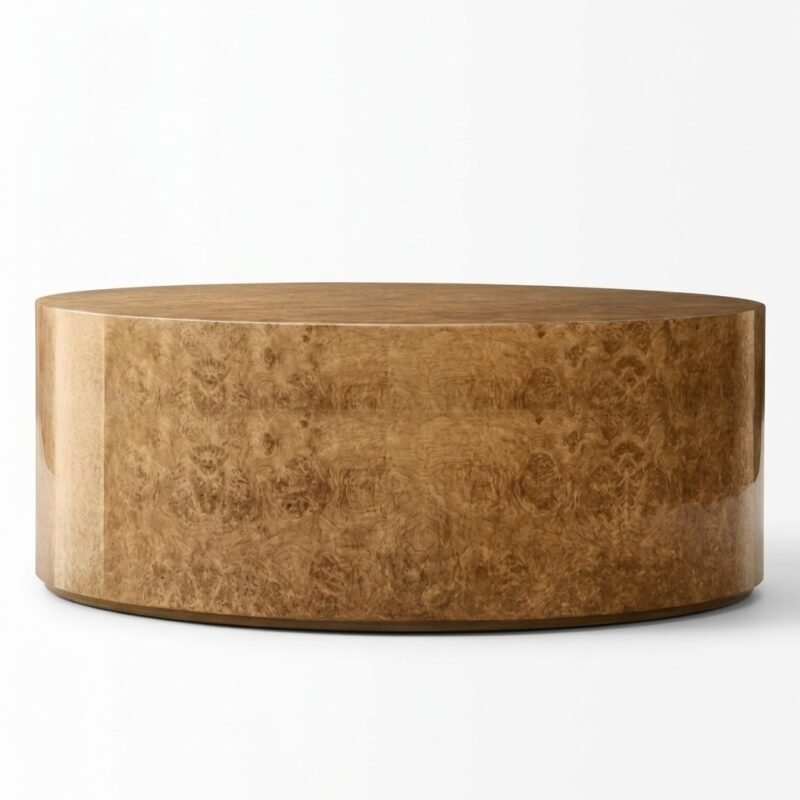 Side-view-of-a-round-burl-wood-drum-coffee-table-with-a-hSide-view-of-a-round-burl-wood-drum-coffee-table-with-a-high-gloss-finish.igh-gloss-finish.