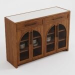 Solid-red-oak-sideboard-cabinet-with-white-sintered-stone-top-and-arched-glass-doors.