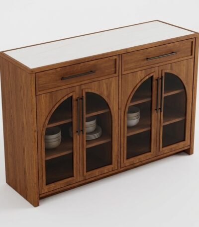 Solid-red-oak-sideboard-cabinet-with-white-sintered-stone-top-and-arched-glass-doors.