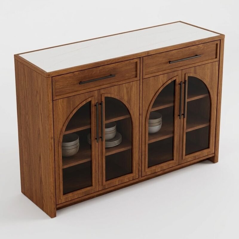 Solid-red-oak-sideboard-cabinet-with-white-sintered-stone-top-and-arched-glass-doors.