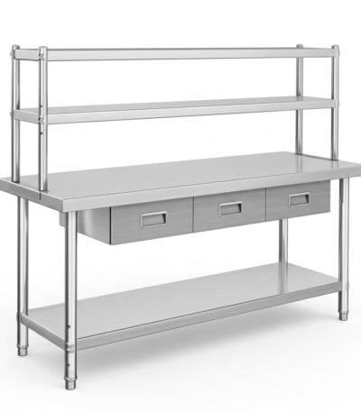 Stainless-steel-commercial-worktable-with-double-overshelf-and-3-drawers.