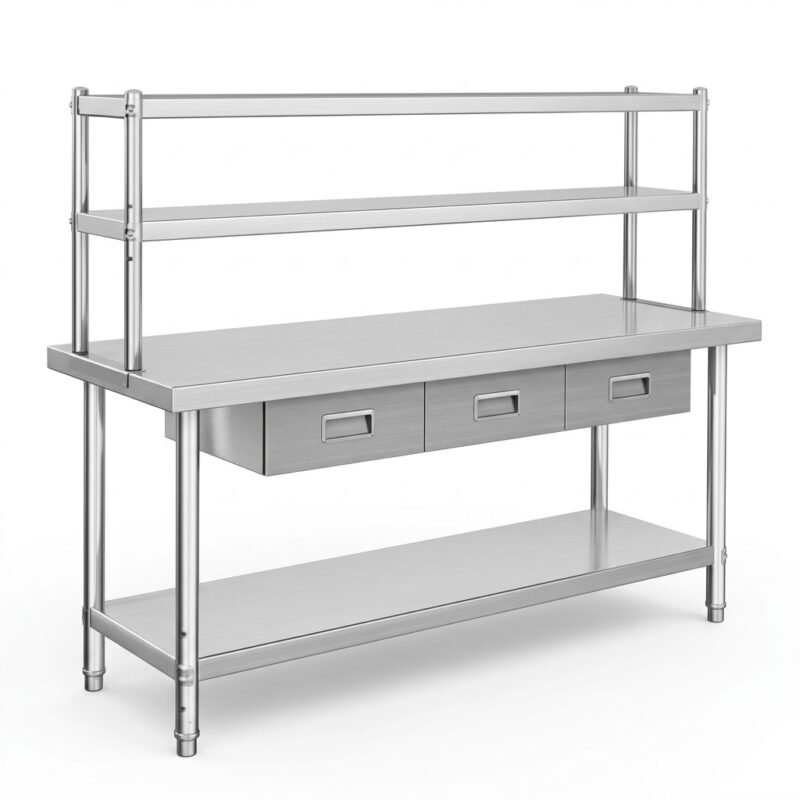 Stainless-steel-commercial-worktable-with-double-overshelf-and-3-drawers.
