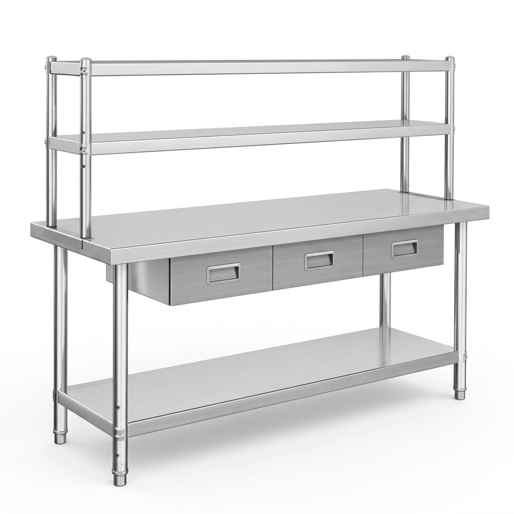 1.Stainless steel commercial worktable with double overshelf and 3 drawers Stainless-steel-commercial-worktable-with-double-overshelf-and-3-drawers.