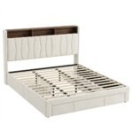 Upholstered-storage-bed-frame-with-bookcase-headboard-by-MMK-Furniture-Makers.