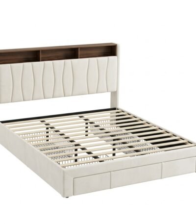 Upholstered-storage-bed-frame-with-bookcase-headboard-by-MMK-Furniture-Makers.