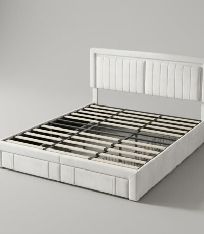 White-velvet-upholstered-storage-bed-frame-with-headboard-by-MMK-Furniture-Makers.