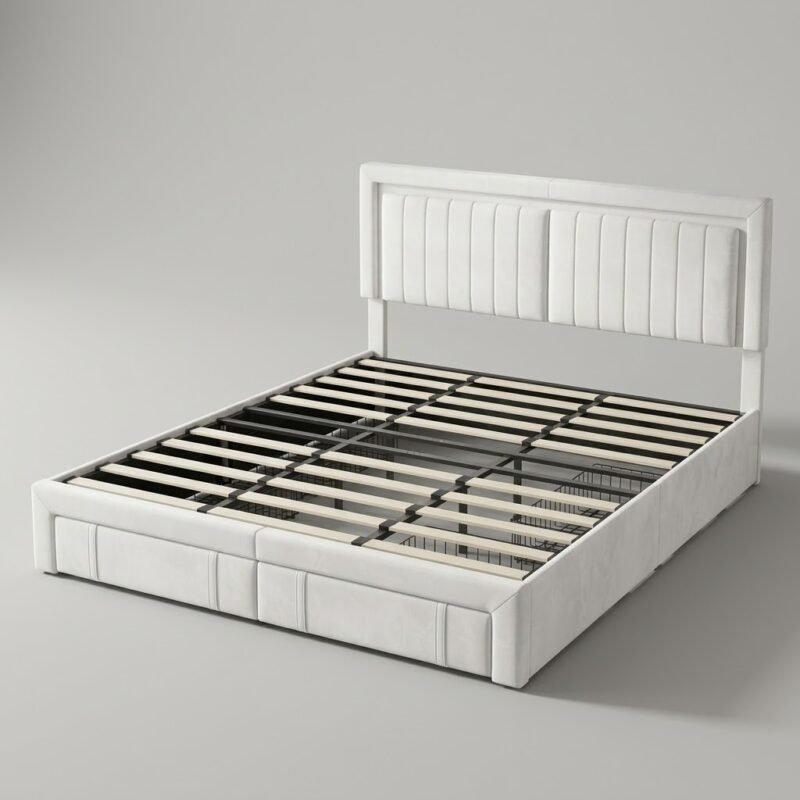 White-velvet-upholstered-storage-bed-frame-with-headboard-by-MMK-Furniture-Makers.