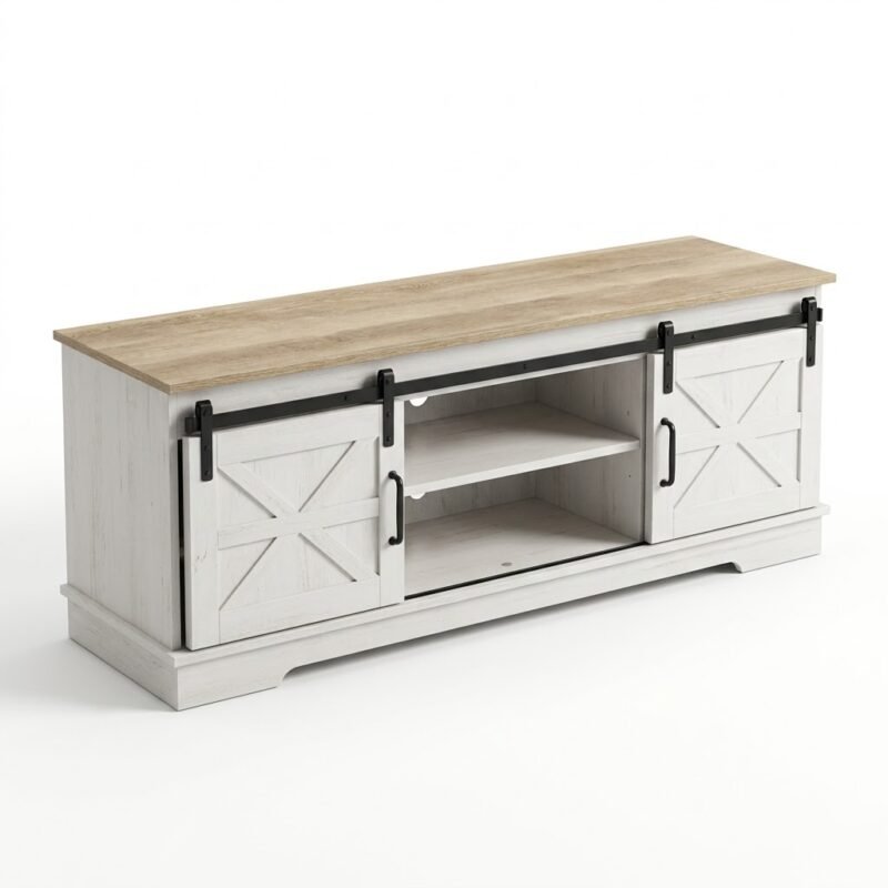 Wholesale-farmhouse-sliding-barn-door-TV-stand-with-wood-grain-top.
