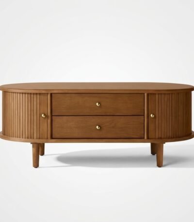 Wholesale-fluted-oval-coffee-table-with-two-storage-drawers-and-tapered-legs.
