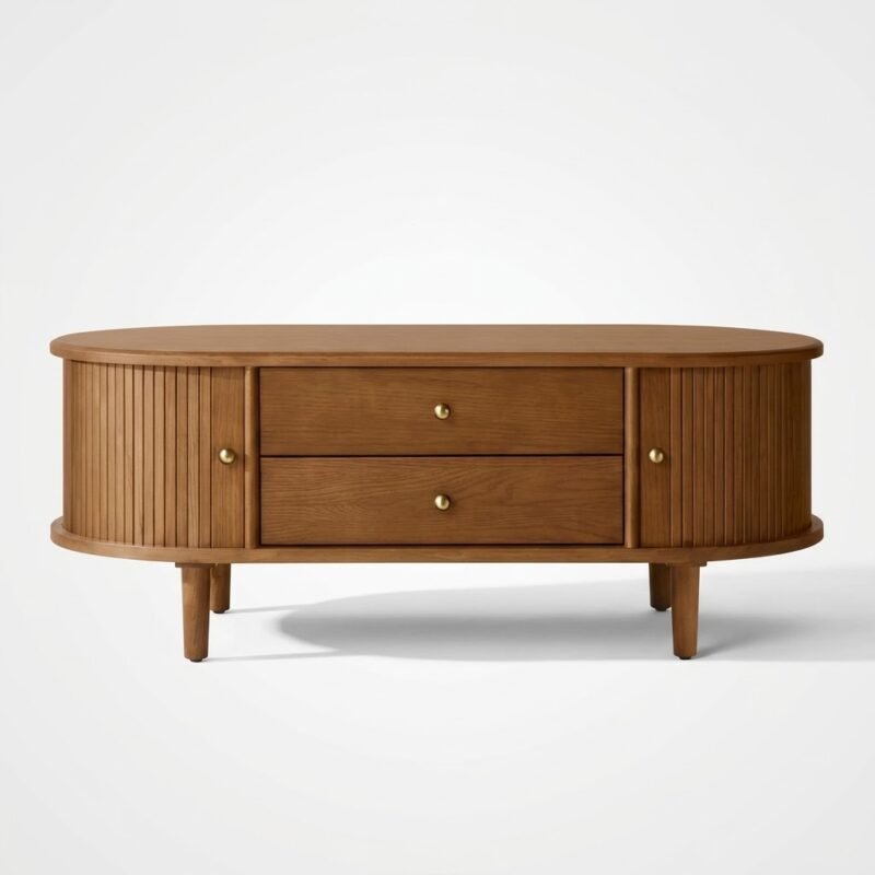 Wholesale-fluted-oval-coffee-table-with-two-storage-drawers-and-tapered-legs.