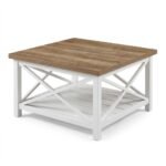 Wholesale-rustic-farmhouse-square-coffee-table-with-white-X-frame-base-and-wood-top.