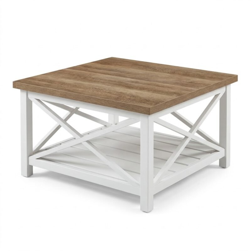 Wholesale-rustic-farmhouse-square-coffee-table-with-white-X-frame-base-and-wood-top.