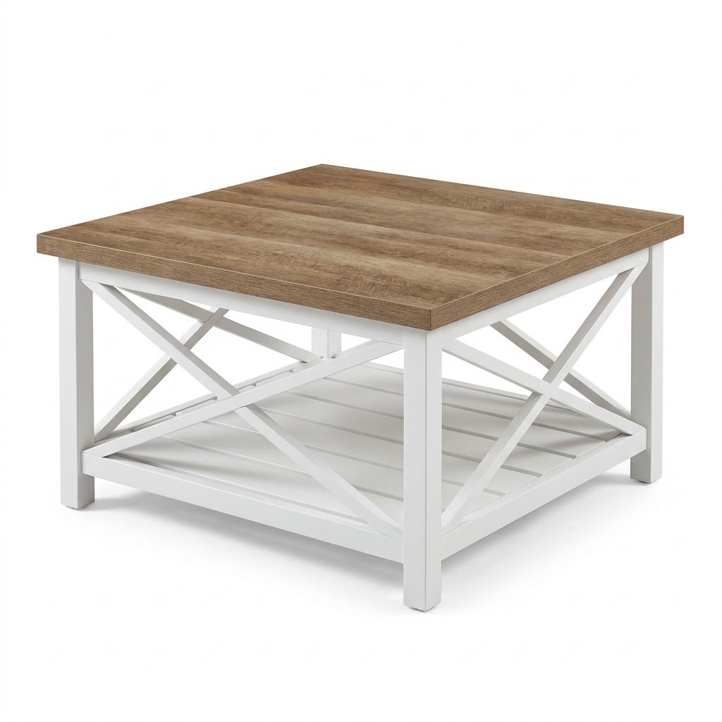 1.Wholesale rustic farmhouse square coffee table with white X-frame base and wood top. Wholesale-rustic-farmhouse-square-coffee-table-with-white-X-frame-base-and-wood-top.