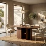 Light-oak-fluted-pedestal-dining-table-styled-with-chairs-in-a-modern-sunlit-dining-room.