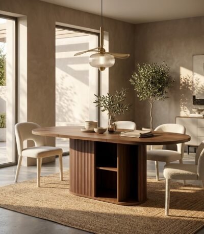 Light-oak-fluted-pedestal-dining-table-styled-with-chairs-in-a-modern-sunlit-dining-room.