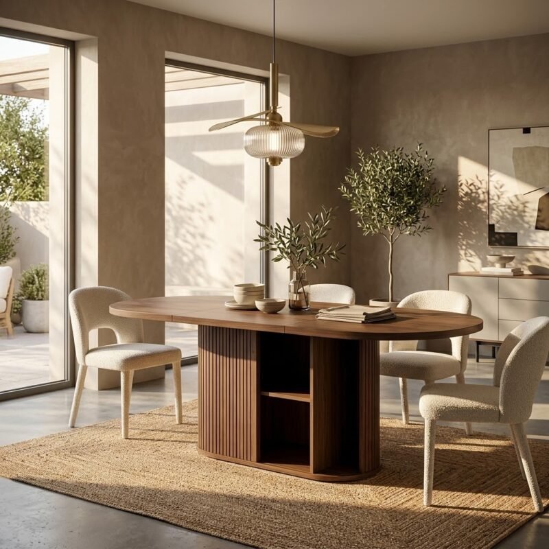 Light-oak-fluted-pedestal-dining-table-styled-with-chairs-in-a-modern-sunlit-dining-room.
