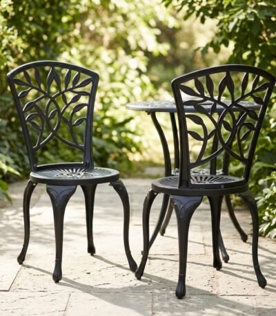 Black-Cast-Aluminum-Chairs-in-Garden-Setting.