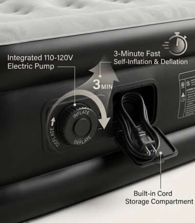 Built-in-110-120V-electric-pump-on-inflatable-air-mattress-showing-inflate-and-deflate-dial.