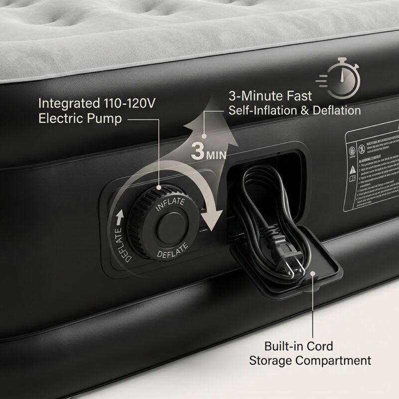 Built-in-110-120V-electric-pump-on-inflatable-air-mattress-showing-inflate-and-deflate-dial.