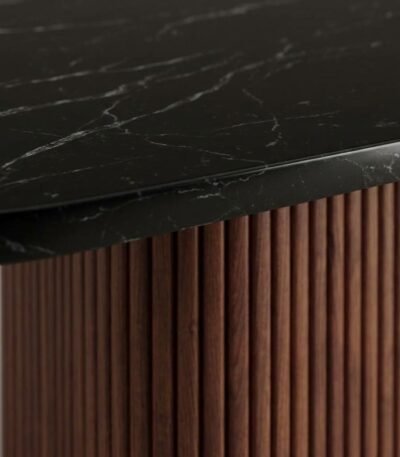 Close-up-details-of-scratch-resistant-black-faux-marble-and-precision-fluted-solid-wood-veneer.