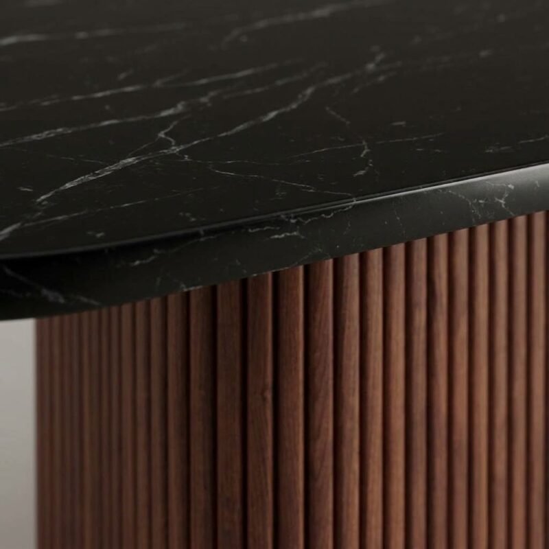 Close-up-details-of-scratch-resistant-black-faux-marble-and-precision-fluted-solid-wood-veneer.