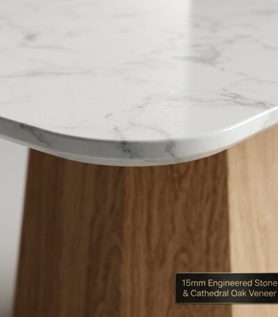 Close-up-of-15mm-Calacatta-white-engineered-stone-top-with-rounded-corner-and-oak-veneer-edge.