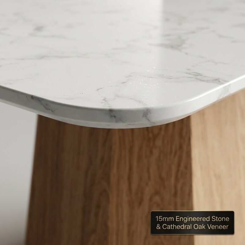 Close-up-of-15mm-Calacatta-white-engineered-stone-top-with-rounded-corner-and-oak-veneer-edge.
