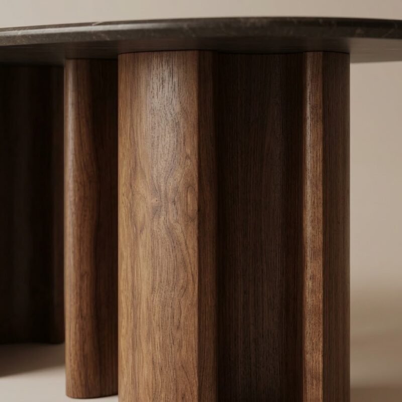 Close-up-of-intricate-fluted-walnut-wood-grain-on-a-table-base-showing-different-flute-diameters.