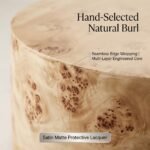 Close-up-of-natural-poplar-burl-wood-veneer-grain-and-smooth-satin-finish-on-round-table-edge.