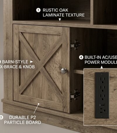 Close-up-of-rustic-oak-TV-stand-grain-barn-door-and-power-module.