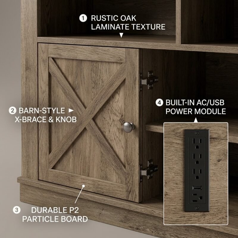 Close-up-of-rustic-oak-TV-stand-grain-barn-door-and-power-module.
