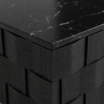 Close-up-texture-detail-of-black-artificial-marble-tabletop-and-staggered-black-red-oak-wood-veneer-relief-panels