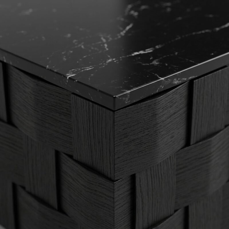 Close-up-texture-detail-of-black-artificial-marble-tabletop-and-staggered-black-red-oak-wood-veneer-relief-panels