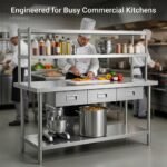 Commercial-kitchen-prep-table-with-chef-preparing-food-in-restaurant.