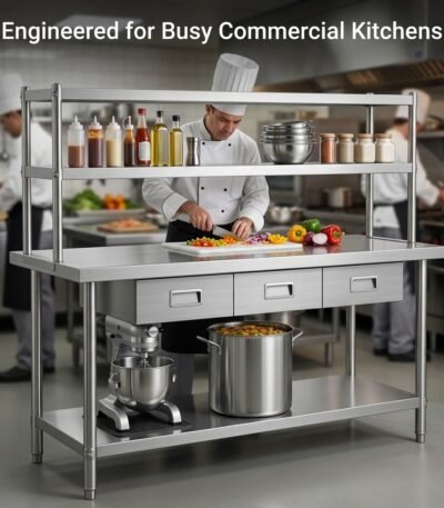Commercial-kitchen-prep-table-with-chef-preparing-food-in-restaurant.