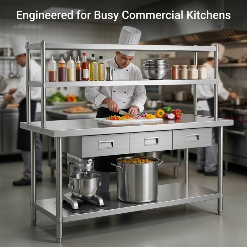 Commercial-kitchen-prep-table-with-chef-preparing-food-in-restaurant.