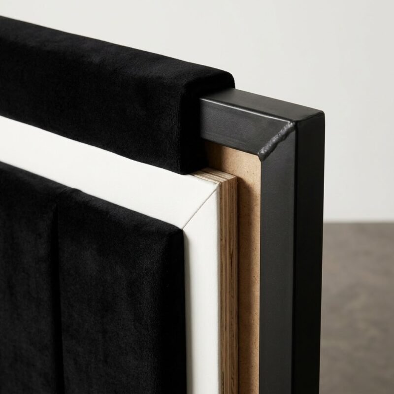 Detailed-corner-view-of-a-high-end-bedstead-showing-velvet-white-trim-and-metal.
