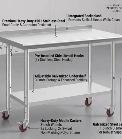 Detailing-features-of-the-MMK-heavy-duty-stainless-steel-worktable-including-201-SS-backsplash-hooks-and-mobile-casters.