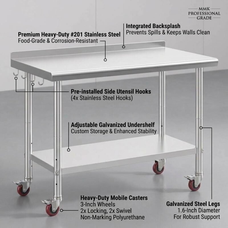 Detailing-features-of-the-MMK-heavy-duty-stainless-steel-worktable-including-201-SS-backsplash-hooks-and-mobile-casters.