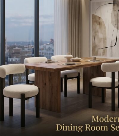 Four-upholstered-chenille-dining-chairs-with-ash-frames-arranged-around-a-wooden-dining-table-in-a-styled-home-setting.