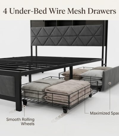 Four-wire-mesh-storage-drawers-under-metal-bed-frame.