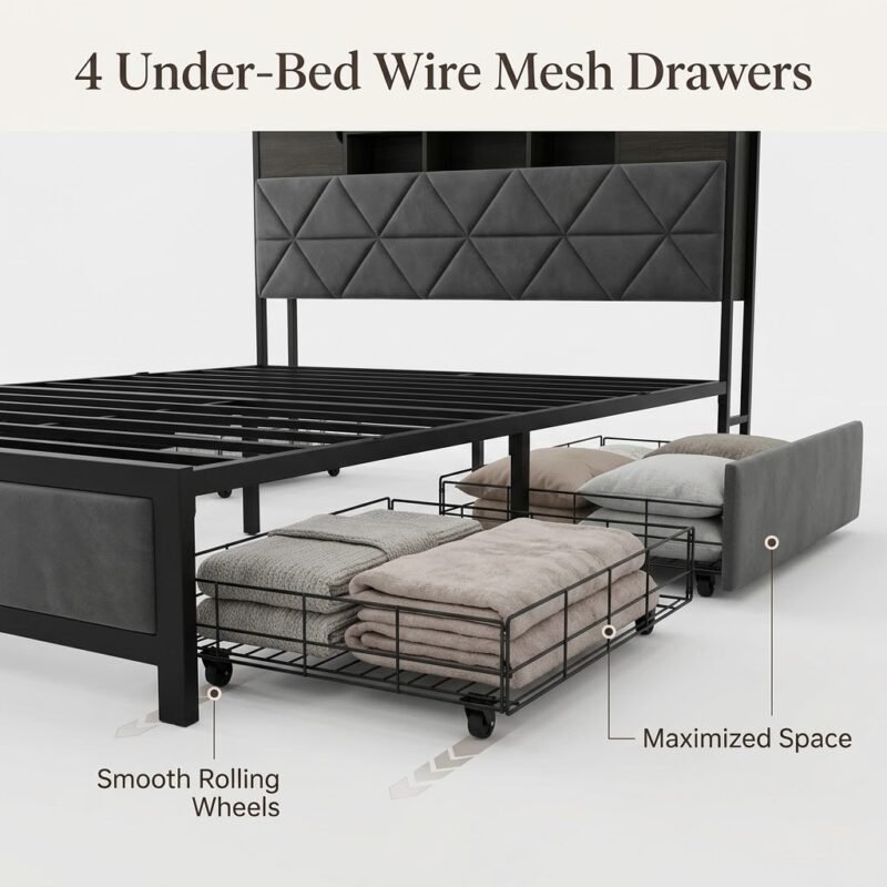 Four-wire-mesh-storage-drawers-under-metal-bed-frame.