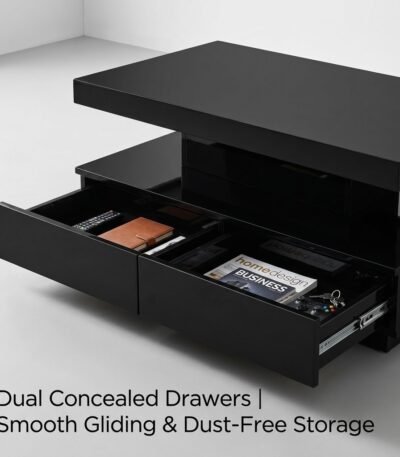 High-gloss-black-coffee-table-with-two-lower-storage-drawers-open.